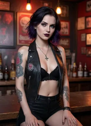young goth-style woman seated in a dark metal bar. Full body shot. Her pale complexion contrasts with her deep black lipstick and heavy smoky eye makeup. Gothic tattoos on her body, Jet-black hair, partially shaved on one side, cascades in loose waves over her shoulder, with hints of deep red highlights. She's wearing a black leather jacket over her topless chest, layered with silver necklaces, including a pentagram pendant. Her expression is cool and intense, with a slight, knowing smirk. Behind her, the bar is dimly lit with red and violet ambient lights, casting moody shadows. Skulls, band posters, and vintage metal memorabilia line the walls. A faint haze of smoke curls through the air, and the glow of neon beer signs adds a gritty, atmospheric touch. The focus is on her face and upper body, capturing her rebellious elegance and the raw energy of the scene.