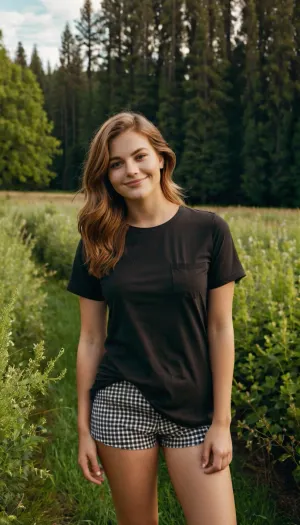 25 yo woman, light-brown hair, naked, wearing a black t-shirt under a black-and-white checked button-down shirt. no pants, no panties She wears black athletic shoes. Smiling gently, she stands with a relaxed pose, The environment is a grassy field, with trees and shrubs in the background. Natural daylight illuminates the scene, casting soft shadows. The colors are muted and natural, with greens, browns, and grays dominating the palette. The overall mood is casual, friendly and outdoorsy. The composition is a full shot, eye-level view, showcasing the subject from the mid-thigh up, capturing a relaxed and approachable atmosphere. The perspective is straight-on, displaying a calm and neutral outlook. The textures are smooth and natural on clothing.