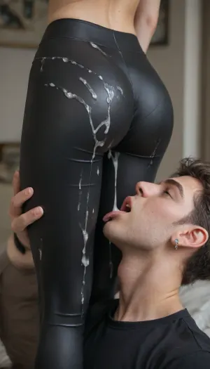 (focus on the lower body, close-up), rear view, girl and man, (tight little ass, thin waist, skinny legs), (girl in tight shihy wetlook leather leggings, leggings completely covered in cum, cum dripping down leggings), (man licks cum off girl's leggings, man licks cum), (lots of cum on leggings), (man licks cum, licking ass in leggings), (man's tongue in cum), (the details of the male face are clearly worked out), cunnilingus, man, licking, pussy, bukkake, GothGal, lace, frills, choker, porcelain, white, (skin:1.3), wearing, a, [GothGal, better_leggings], outfit, <lora:bukkake_v0.4:.8>, <lora:GothLeggings:.8>