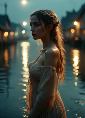Rating_explicit, ethereal fantasy photography. Silhouette of an elven woman upper body with huge breasts, standing, midnight-black, perfectly calm water. She holding her hands on chest and cheek, She's wearing ripped torn nightgown, one breast are out, She looks back, She is backlit by a soft, diffused glow, (source unseen), creating a faint luminescent outline and illuminating her breasts. The water reflects only her silhouette and the ripples. Mist hovers low over the water. Fisherman village far away on background, Moody, mysterious, magical, shallow depth of field, but, Shot from Stanley Kubrick movie, UHD, shot on Kodak film, <lora:MJ52:.8>, <lora:BUT_SDXL_SHS:.8>, <lora:RMSDXL_Enhance:.8>