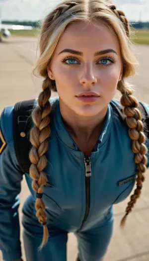 Ultra Realistic photography, ultra high quality, from below, full body shot, 25 years old woman is walking, at a large airfield, well-built body, (light skin), big sized boobs, wearing a flight suit, boots, lovely young face, oval face form, seductive view, view to viewer, expressive eyes, blue eyes, glossy eyes, eyeliner, long blonde hair with braids, snub nose, symmetrical eyes, highly detailed lips, highly detailed fingers, highly detailed teeth, highly detailed eyes, highly detailed iris, skin pores, mat skin, skin texture, manicure, Fujifilm, (bokeh), specular lighting