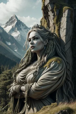 Queen, Insanely detailed, rock monument, detailed texture, giant, female sculpture, clothing, apocalypse, greenery, over_grown, large area, mountains, photo captured by DSLR camera, ULTRA HD, extreme realism, 8k, <lora:add_detail:.5>, <lora:OvergrownCity:.5>