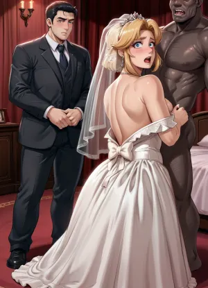Swedish chubby milf, ((huge black African brute)), (scared:1.2), (white groom undressing bride:1.5), (white groom:1.5), wedding dress, blonde, interracial, moisture art, dross art, reiq art, short slim chubby woman, beautiful detailed face. cheating wife, full body, close view, bedroom, naked African brute, (cuckold undresses her from behind:1.3), tall man short woman, Low-key, lighting, Style, dim, low, dramatic, partially, covered, in, shadow, warm, light, style, perfect, blemish, detailed, (with, blushing, cheeks:1), photo, portrait, <lora:MS_Real_XL_Bukkake:.3>, <lora:polyhedron_all_sdxl-000004:.8>, <lora:real-humans-PublicPrompts:.8>