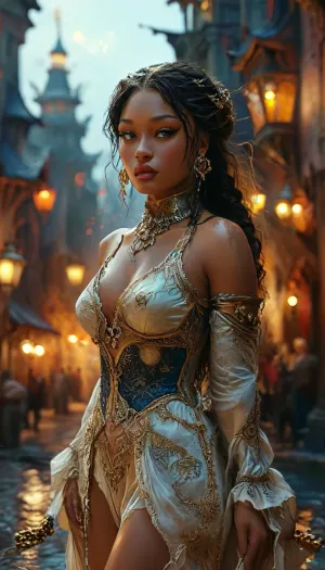 A stunning fantasy portrait of a powerful, elegant woman Megan Thee Stallion, walking confidently through a high-class medieval town in a Dungeons & Dragons world Waterdeep, also known as the City of Splendors or the Crown of the North, was the most important and influential city in the North and perhaps in all Faerûn. It was a truly marvelous cosmopolitan city of great culture that attracted the most talented artisans, artists, and scholars from across the Realms, as well as a commercial hub for financial interests along the coast and beyond. She has a regal, captivating face with high cheekbones, full lips with a glossy sheen, almond-shaped brown eyes with a piercing gaze, and perfectly arched eyebrows. Her skin is deep and radiant, glowing softly under the enchanted lantern light. Her hair cascades in voluminous waves down her back, adorned with delicate gold rings and braids woven through. She wears a revealing, luxurious gown with a plunging neckline reaching nearly to her navel, lined with silver thread and enchanted gemstones. The dress is made of midnight-blue silk with sheer panels and high slits up both sides, revealing her toned, long legs as she walks. Thigh-high leather boots with arcane runes complete the outfit. She is adorned with mystical jewelry — glowing rings, a crescent-moon choker, and enchanted earrings. The cobblestone streets are clean and lined with ornate buildings, elven nobles, and magical artifacts on display, with a majestic city skyline and a dragon circling above. megantheestallion, <lora:megantheestallionxl:1>, <lora:add-detail-xl:.5>, <lora:xl_more_art-full_v1:.5>, <lora:detailed_notrigger:.8>, <lora:MJ52:1>