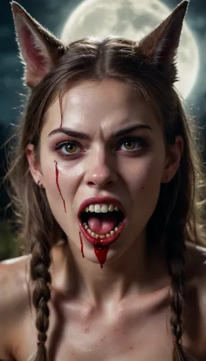 Werewolf Girl, Beastly looking, mouth full of savage teeth dripping blood, big point ears full moon.