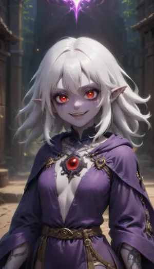 1 girl, dark mage, warlock, white hair, long straight hair, red eyes, fangs, pointed ears, dark purple long robe. smile on face, thoughtful face, poor pale skin, medium length hair, lots of tattoos, lots of piercings