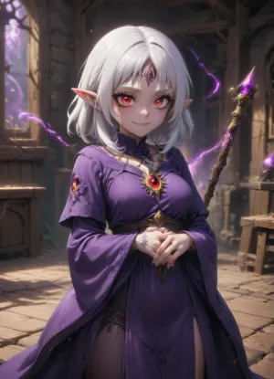 1 girl, dark mage, warlock, white hair, long straight hair, red eyes, fangs, pointed ears, dark purple long robe. smile on face, thoughtful face, poor pale skin, medium length hair, many tattoos, many piercings, medium breasts, magic school, indoors, wooden simple magic staff