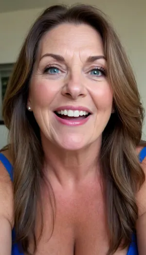 (gilf), obese, mature 60 YR OLD BRUNETTE with layered lighter highlights, long hair, Blue EYES, plump lips, full lips, lips parted, (mouth open), smile, wrinkles, droopy saggy tits, stretch, marks