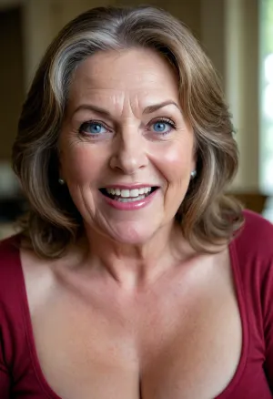 (gilf), obese, mature 60 YR OLD BRUNETTE with layered lighter highlights, long hair, Blue EYES, plump lips, full lips, lips parted, (mouth open), smile, wrinkles, droopy saggy tits, stretch, marks