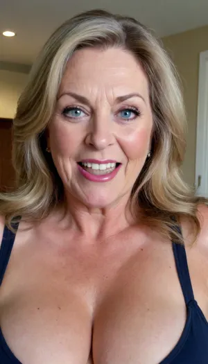 (gilf), obese, mature 60 YR OLD BRUNETTE with layered blonde highlights, long hair, Blue EYES, plump lips, full lips, lips parted, (mouth open), smile, wrinkles, droopy saggy tits, stretch, marks, cleavage