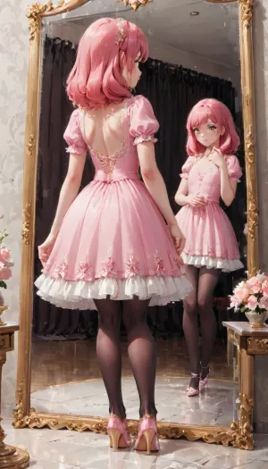 Femboy With Pink Hair Long Pink Hair Beautiful Delicate Dress Decoration Pantyhose Shoes, Admiring herself in the mirror, reflection in the mirror of a beautiful girl