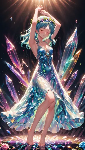 anime girl with long crystal hair, closed eyes, crystal dress, on her head wreath of crystal roses, dancing on shards barefoot, crystal tears, beautiful, aesthetic, soft colors, warm colors, cold colors, bright transparent light, full-length image