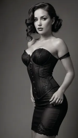 A high-fashion, (black-and-white studio portrait), of a beautiful woman with short, vintage 1920s-style curled hair, wearing a sheer tight-fitting black pencil skirt and corset top with intricate cut-out patterns on the arms and legs, big breasts and ample cleavage and a structured corset that cinches the waist. She is standing in a three-quarter pose with one arm pulling the fabric off her shoulder, revealing her collarbone and top of breasts. The lighting is dramatic and directional, emphasizing shadows and contours. The background is dark and minimalistic. The overall mood is elegant, sensual, and powerful, inspired by classic Hollywood glamour with a modern edge. Fine-art fashion photography style, high resolution, monochromatic palette, studio lighting., bmbplora, mega, ponytail, big, hair, #bigtits #perkytits #cleavage, HyperSmoke, dark, background, black, backlit, theme, monochrome, <lora:256210_training_data:.9>, <lora:bimboxl_02:1.3>, <lora:xl_mega_ponytail-1.0:.2>