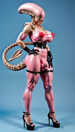 1 person only, (white Xeno, xenomorph), latex, full body view, eye contact, pink latex body mesh, 90% pink translucent body mesh, big breasts, (pants bulge, bulge, massive penis bulge, massive testicles bulge, popping through, massive bulge), ((huge erect penis bulge in her latex body mesh, penis bulge)), muscular quads, muscular calfs, veiny boobs, legs spread, bubble butt, (fingering a femboy yiff), red nipples, black hands, black high heels, black see-through thigh high sock, butt lift, putt plug, veiny body, crouched, orgasm face, dribbling semen, gold sholder pads, thigh straps, semen bulge, pale blue background, semen everywhere, <lora:bulgev1-beta:2>, female, white xenomorph, tail, xenowaifu, xenofuta, xenofemboy, <lora:female_xenomorph_sdxl_V2:.8>