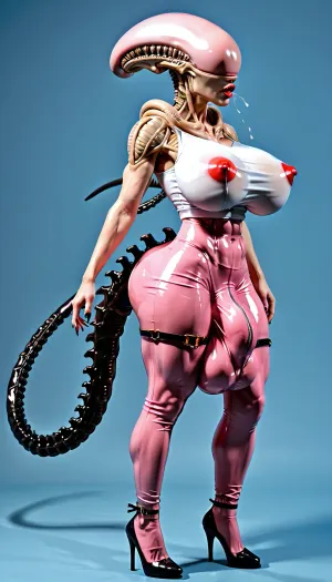 1 person only, (white Xeno, xenomorph), latex, full body view, eye contact, pink latex body mesh, 90% pink translucent body mesh, big breasts, (pants bulge, bulge, massive penis bulge, massive testicles bulge, popping through, massive bulge), ((huge erect penis bulge in her latex body mesh, penis bulge)), muscular quads, muscular calfs, veiny boobs, legs spread, bubble butt, (fingering a femboy yiff), red nipples, black hands, black high heels, black see-through thigh high sock, butt lift, putt plug, veiny body, crouched, orgasm face, dribbling semen, gold sholder pads, thigh straps, semen bulge, pale blue background, semen everywhere, <lora:bulgev1-beta:2>, female, white xenomorph, tail, xenowaifu, xenofuta, xenofemboy, <lora:female_xenomorph_sdxl_V2:.8>