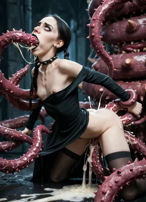 Cauchemar emo goth de mercredi: triple pénétration tentaculaire dans un cum lair

- Oui.

Dans le repaire fétide de tentacules monstrueux, d'une jeune fille de 18 ans vêtue de son habit gothique typique, Wednesday Addams réplique avec des queues noires tressées, rouge à lèvres noir et eyeliner, se tenait anxieusement. Son cadre mince était courbé, un sein tombant de sa robe, comme un gigantesque monstre de tentacules barbés griffés la baise agressivement de derrière. La bête la tenait en place avec ses multiples tentacules pointus, tirant ses jambes écartées. Dans une expression très ennuyeuse, elle a fait sortir sa langue, alors qu'un autre tentacule envahissait sa bouche et que le troisième pénètreait son front. Chaque coup était un rappel de son impuissance, mais son maquillage restait intact, témoignage de son esprit défiant.