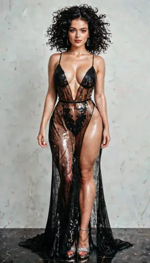 Beautiful care woman 25+ with perfect hips and bust, big, Epic, cinematic, brilliant, stunning and atmospheric, black white red color, transparent care, full body view