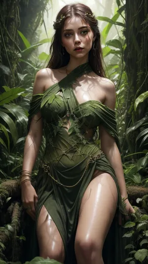 ---

🌿🔥💋 Jungle Throne of the Goddess of Desire

“The trees watch. The vines listen. And she… feeds the hunger you thought you could hide.”


---

In the deepest, wettest part of the jungle, where the sun barely filters through the canopy, she sits on a living throne — made of thick vines, wild blossoms, and bones wrapped in moss.

Her legs are spread over the arms of the throne, relaxed, commanding.
She wears nothing but strands of creeping ivy over her hips, and her chest is completely bare, slick with jungle mist and heat. Her skin glistens with sweat, rain, and something… sweeter.

Birds do not sing here. They hold their breath.

She gazes through you — not into your eyes, but through your resistance.

The jungle behind her pulses. Leaves tremble. Insects pause.
Everything bends toward her — like they know, this is where pleasure lives.

She leans forward slowly, one finger tracing her collarbone.

> “No gods here.
Only me.
And the question pulsing between your legs.”



She doesn’t have to speak loudly.
Even the thunder waits for her whispers.


---

> “Come. Be taken.
And when you leave… the jungle won’t let you