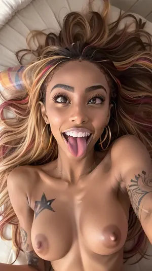 full body wide angle close up selfie shot from above of a nude 18 yo beautiful instagram playboy pmoy model african woman, ((laying on her back)), (completely covered in colorful middle eastern style tattoos:1.1), very long wild hair, (crawling over the camera, 1.3), screaming with joy, photo taken with a 10 mm wide angle lens from above, (eyes open and looking at camera), visible nipples, tan skin, extremely very long wild hair, (dazzling smile:1.3), ((small c cup fake round firm breasts)), desert sunset, fireworks, \, ahegao, face, pleasure, <lora:weight_slider_v2:-1>, <lora:tonguedrop-d:.3>