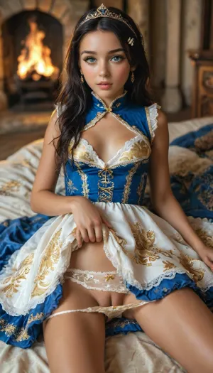 Cute girl, irish princess, tan skin, castle bedroom, top view, (petite girl:1.3), open mouth, perky breasts, slim body, green eyes, laying on her back, on a canopy bed, legs spread, arching her back, arching, head arched back, good hands, long body, (long hair, clips, black hair, tiara), small breasts, oiled pussy, ((medieval princess dress unbuttoned, white lace petticoat, princess panties pulled aside, gold print, dark blue trim)), flowers, flat chested, fire burning in fireplace, <lora:MJ52:1.5>, <lora:attractive_notrigger:.5>, <lora:289505_training_data:.7>, <lora:SweetLolitaXLv4.23:1.5>