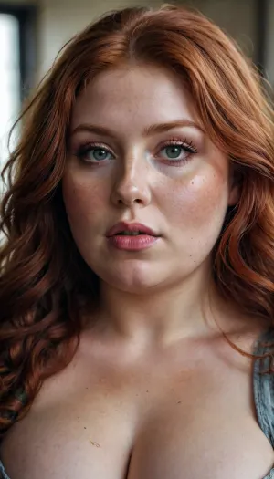 h41ry beautiful redhead obese girl, <lora:smoking_v2:1>, close-up only bust, long curly red hair, (very heavy makeup), very huge breast, freckles, NEGATIVE_HANDS