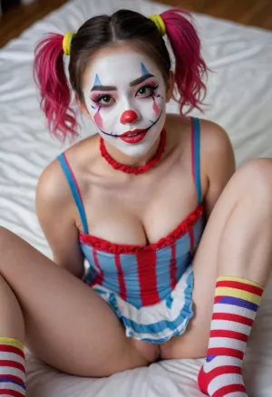 young beautiful Asian girl 18 years old clown girl with big breasts, wearing a pulled-up dress without any underwear, laying on her back with spread legs, no panties, long striped socks, clown makeup, skinny, white face paint, detailed vagina, looking at the viewer, back long high multi-colored ponytails, excited, aroused, tack sharp, 4k, dslr