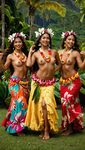 masterpiece, high resolution, ultra detailed, 8k, Three Hawaiian girls dancing the hula, wearing long skirts made of brightly colored fabric, topless, with long flower necklaces, their hair adorned with large magnolia flowers, against a backdrop of flowering plants, lots of flowers of different colors, super detailed photorealistic image, full body view, 8K quality