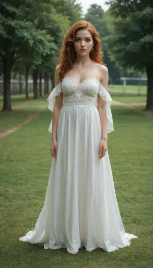 full body view, standing, 18 year old, on grass in park, perfect body, white pale body color, redhead, blue eyes, innocent look