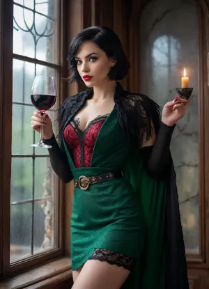 A stunningly beautiful modern model with bright green eyes, short black hair, pale alabaster skin, red lipstick, a scarlet top with black lace and a black pencil skirt and a gold belt a black coat with black feathers and sparkling purple lining and red and black high heels, and dainty hands with French nails holds up a wine glass of green bubbling potion high up to a window with bars and with parted lips uses her magic to summon wind and lighting to energize it. The wind blows her cape. In her dark secret stone alchemy lab with cobwebs. Realistic style High quality