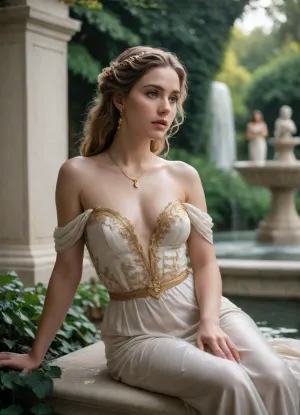 A tight editorial portrait of Aphrodite seated on the edge of an overgrown marble fountain, surrounded by cascading water, ivy, and blooming florals. Her silk gown flows around her like liquid, partially wet from the mist, with petals clinging to the fabric. One hand rests on the fountain’s rim, the other lightly touches her collarbone, drawing attention to delicate gold necklaces layered across her chest. Her gaze is direct and calm, as if she’s been waiting centuries to be seen.
Shot on 16mm Kodak Portra 800, the image glows with warm grain, sunlight bouncing off water droplets, and a faint blush-toned light leak curling into the corner of the frame