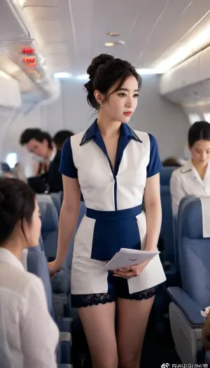 Viewpoint of a passenger in the middle of a crowded airplane, looking forward, toward a chinese flight attendant at the front of the airplane, looking back. Other visible passengers’ backs are to us. Yifei, the gorgeous Chinese flight attendant, stands at the front of the plane, reading the flight safety instructions to the passengers., (stewardess uniform torn open, white short sleeve shirt, blue waistcoat, revealing white bra:1.2), black hair, (stewardess hairstyle, hair bun:1.2), (bottom naked with stockings:1.3), . black stewardess flat shoes. The other passengers ignore her. We see Yifei from the knees up. She is 30+. We see her medium sized breasts, dark aureolas, hard nipples, freckles, tan lines, and also her hairy and unshaved bush, Highly realistic, lots of detail, high resolution., h41ry, <lora:MJ52:.6>, <lora:h41ry:.6>, <lora:actress_ej_JuggXL_3:1.4>
