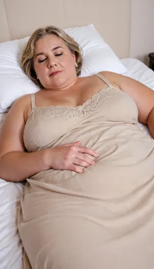 RAW photo, subject, (fine skin detail:1.1), 8k UHD, soft light, high quality, film grain, Fujifilm XT3, dynamic angle, An old blonde granny, fat, obese, In a cotton dress, sleeping