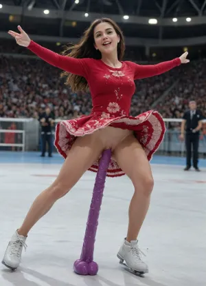 ((full body in shot)), Ice arena, (((black long hair))), ice skating event at Olympic games, Biellmann spin, spectators, on the ice a 29 yo. slim figure skater girl in a red short semi-transparent dress without panties performs pirouette Billman in skates, shaved pussy, Full-length view from afar, vagina, exhibitionism, perfect hands, perfect fingers, 5 fingers, perfect face, perfect lips, perfect teeth, perfect shiny eyes, perfect long legs, correct anatomy, body proportions, correction, face, close, up, Billman, flying, spin, motion, blur, spiral, lines, dancing, on, grand, exhibition, raise, shoe, arm, floral, print, lace, sleeves, cinematic, light, countless, crowd, wind, night, jkmicroskirt, skirtlift, (detailed huge vaginal dildo:1.3), man inserting dildo, massive ejaculation, <lora:MaybeBetterFaceInFullBodyLora_XL_rev3:1.8>, <lora:skirtlift_xl:.5>, <lora:256210_training_data:.5>