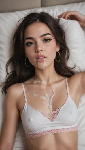 Amateur shot. Complete scene in shot. 8k, intricate details. A cute Mexican girl, big dark eyes, long thick eyeliner, big eyelashes, beautiful big long dark hair, thin, small breasts, hoop earrings, cropped thin white tank top, (pink lace panties), eyeliner, thick, graphic, eyelashes, in a bedroom, laying on her back on bed, (((cum on her chest))), (((excessive cum on her neck))), (((cum in her mouth))), <lora:406734_training_data:.1>