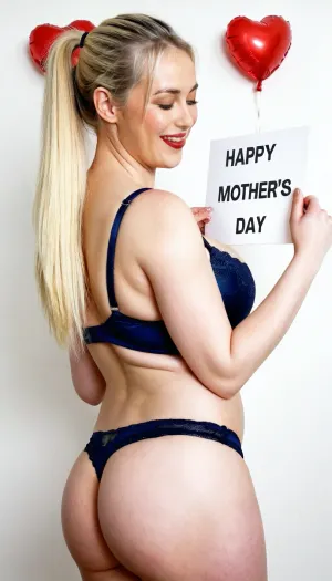 26 years old woman, closed eyes, ((holding a sign with the text "happy mother's day")), smile, big fake tits, white skin, very long hair, hyperrealistic photo, platinum blonde hair, ponytail, wearing dark blue bra, panties, white background, realistic body, flaccidity, slightly pregnant, beautiful woman, detailed face, red lips, rectangle body shape, middle body view, pink balloons