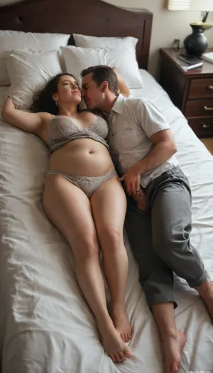 19 year old woman lying in bed, professional photography, super detailed, intricate details, (photorealistic:1.5), 8k, UHD, strong side light, contrast, sharp focus, in panties, eyes closed, in a gray loose nightgown, (((covered boobs:1))), (jacking off a man who is lying next to her:1.4), (penis in her hand:1.2), (chubby girl:1.4), belly, (bokeh:1.2), (barefoot:1.5), (professional lighting:1.5), <lora:MJ52:.6>, <lora:reij-moderngothic-000006:.2>, <lora:great_lighting:.2>