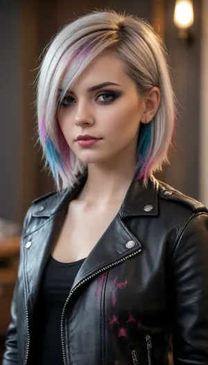 half body, 3/4 view portrait, (4K UHD ultra-detailed RAW photo), high detailed, 8k, (photorealistic:1.7), sad emo girl, cute 18 yo girl, (topless), small tits, ((black leather jacket)), ((boots)), (gothic makeup), ((multicolor haircut)), ((jeans)), ((looking on viewer)), style, hair, dip, dyed, black, to, red, white, blue, blonde, from side