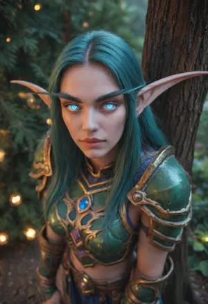 (Night elf woman, warcraft:1.1), (night elf armor, shoulder armor), big shoulder armor, jeweled armor with gold accents, (high-angle shot, view from above), (leaning against a tree), (extremely long hair), (glowing eyes:1.45), blue eyes, (ambient glow:1.2), (((long pointed ears, elongated eyebrows))), (teal hair), (flat woman chest:.55), (arms crossed), (athletic physique:1.4), (leather pants:1.1), (purple skin:1.6), ((puffy lips)), (glossy lips, wet lips, shiny lips), (full lips:1.5), (elven face markings), (armored corset, detailed corset), (smirk:1.5), dynamic pose, magical forest, at night, cool ambient lighting, dynamic lighting, huge thighs, (arched back), (full quiver, colorful feathers), ((lip bite)), Realistic photo of a night elf with a natural, even skin tone, highlighting the beauty of simplicity.