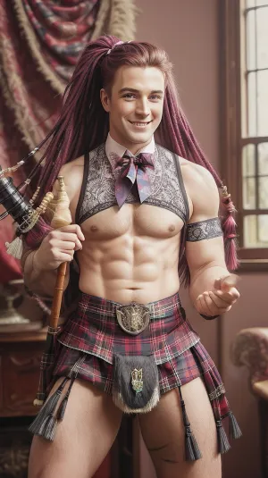 Male Scottish MAN, of the male sex, full body image, penis and big balls tugged in mauve silky briefs, lace panties, plaidcorset, Scottish patterns clothing, LONG colored dreadlocks in two pony tails, holding bagpipe instrument, HE is standing in a large open space, is dressed as an Scottish girl, corsetterie, stockings, traditional Scottish culture clothing CLASH with modern design garter belt and stockings, showing off blue satin corset with Russian patterns embroided, HE is wearing hot lingerie, deep red panties, pink Scottish clan plaid, leather bands, crimson satin ribbons in hair, HE is blushing, he is smiling, 75% male jaw line, shaven face, sixpack, NO visible PENIS