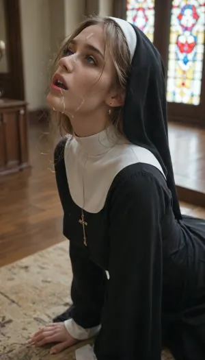 Ultra realiatic, super high quality, 32k, View from side, fully clothed. Not naked. beautiful sexy cum coverd nun, satin habit, on all fours after being fucked, habit lifted over her arse, cum on face, cum on clothes, slender body, blonde long messy hair, moaning, mouth opened, (34c natural breasts), (in a beautiful gothic church), sensual, erotic, devine, cinematic masterpiece
