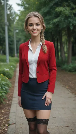 27 years old, caucasian models, pink bow on head, school uniform, Lush curly hair with braids on both sides, ginger braided hair, highly detailed face, beautiful face, dark eyeliner, very dark eye shadow, perfect smile, (best shadows), (best illumination), upskirt photo, office clothes, office attire, pencil skirt, white blouse, red suit jacket, Masterpiece Edited by Redknightbooks, masterpiece, highest quality, RAW image of a cute slim blonde teacher, analog style, professional DSLR photograph, thick figure, messy blonde ponytail hair, (tight blouse:1.2), DisneyAlice, Beldel, brown, blonde, smiling, soft, makeup, plaid stockings, lace-up ankle boots