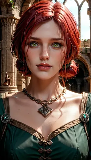 (Darkest dungeon style), Triss Merigold from the witcher, mature female, perfect mature face, perfect green eyes, detailed, best quality, ddstyle, the, weald, cove, warrens, ruins, courtyard, crimson, court, ddtrinketicon, <lora:DarkestDungeonV2:.5>