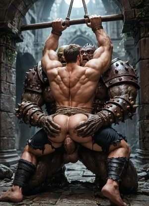 Only gay scene, a sexy beefy bodybuilder fantasy warrior male, hyoer muscles, huge pecs, huge bulge, huge ass, long brown hair and beard, excessive hairy chest and ass is beeing forced and rapped by orcs monsters, bondage rope, arms up, tied up with ropes, tits bondage rope, humuliated male, wearing sexy warrior armor, (worn armor:1.5), (torn outfits:1.5), warrior male bondage by a group of orcs monsters, (orcs are taller than human warrior), (size difference:1.3), only gay hard sex scene, (gay sex:1.5), bondage, forced, surprise and shocked face, (fear face), multiple orcs surrounded, orcs arround, dark fantasy, hardcore, hot gay scene, grabbing bulg, grabbing pecs, grabbing ass, (grabbing body:1.5), full body, far view, in old ruins temple fantasy, back side rear view, night time, dark lighting, torches on wall, orgy gay, (orcs monsters:1.4), ropes, gay, orcs monsters
