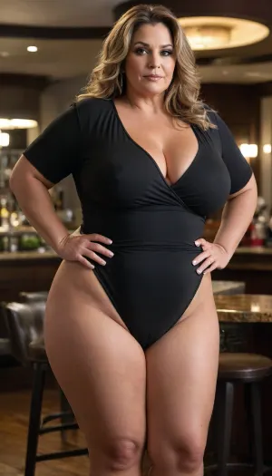 Women, 55 years old, milf, ssbbw figure, fupa, with oversized massive thick thighs and oversized wide hips. Natural floppy breast, braless under clothes. Tanned, tannlines. Seductive posing. Captivating light eyes. Dark blonde hair, hairlenght up to hips, straight hairstyle. In wide black jumpsuit, decollete. At a party in a modern luxury hotel bar. bottomheavy, big, ass, huge, gigantic, thick, thighs, massive, <lora:bottomheavy_v1_sdxl_tags:.8>