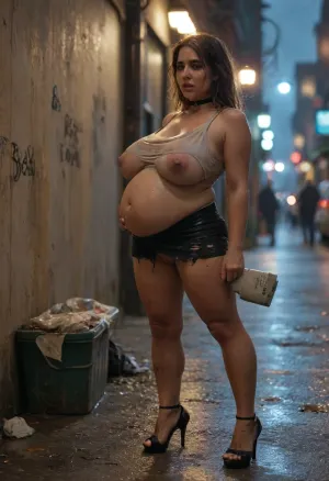 RAW image, Canon EOS R3, DSLR photo, 8k, best quality, (masterpiece), (realistic, photo-realistic), ultra high res, ((chubby), (pregnant and chubby)), backlight, (38 year old woman, wet red long hairs), (wet hairs), (submissive look), rain, ((rainy weather)), a dark raining city corner, ((torned tight crop shiny dress, dirt and mud on legs, high heels:1.2)), excitement, agony, sitting with legs spread, (((she is addicted to drugs and have a lot of scratches))), lots of used condomes on the ground, istopia, drug addicted, every hope is loss, cum is floating from the pussy, rim light, jizzed, struggling, (she is a whore), addicted, whore, ((night, rain)), trash on street, (dirty, torn clothes, revealing clothes:1.3), (full body view:1.4), in graffiti-covered metro tunnel lit by flickering fluorescent lights, huge breasts, huge tits, alcoholic, drug user, cutie, druggy, degenerate, evil, no-morals, shameless, masturbating, fingering, pleasuring herself, touching her vagina, horny, sexy, despair, presenting, showing off, desperate, used-condoms strewn about, dirty, unwashed, recently fucked, beggar, cheap, crotch-tattoo, homeless, poor, abused, drunk, visible pussy, cunt showing, vagina visible, prostitute, 1 heroin addict, stained, (dd-cup tits), (dd-cup breasts), (in dark narrow alleyway, standing spread-eagled), (side view), (showing pussy), (wet pussy and thighs), (perfect face), legs open, messy hair, choker, (mini skirt), transparent stockings, torn stockings, smeared makeup, smeared skin, Sitting on a public bench, tattoos, pills, white trash, stiletto heels, empty liquor bottles, dirt, prostitution, broken lights, night, low camera position, ((eroticface)), <lora:MJ52:.8>