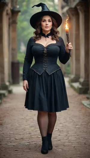 Cute mature woman with curvy curves stands witch canser