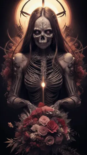 A Macabre and Surreal Illustration of a woman in light pastels depicts a skeletal figure adorned with elaborate floral arrangements that blend elements of the Gothic and Symbolist art movements. Meticulously detailed. Strong contrast between the organic and inorganic. A somber and timeless atmosphere with a hint of nostalgia and history. The light source comes from the front and casts subtle shadows that enhance the three-dimensionality of the bones and flowers. The floral elements are rendered with great attention to detail, their soft petals contrasting with the sharp, angular lines of the skeleton. The flowers add a romantic touch to the work. The texture is smooth with delicate, precise lines and a polished finish. Masterful blend of horror and beauty. Provokes reflection on the transience of life and the inevitability of death.. romantic sunset, red, smoke, colorful and vibrant, mystical colors, iridescent perspective view, sweeping circling composition, non-representational, colors and shapes, expression of feelings, imaginative, long shadows, dreamy mood, detailed photo, photorealistic photo, realistic pretty women photo, realistic night vision, soft fokus, parallax, overexposure, photo style, she kneels, cinematic, filmic, scribbled lines, surrender, polychromatic, diffuse, #©KITTYART