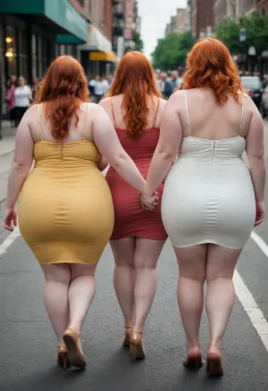 woman, a photo of three pale white ssbbw women walking next to each other, 3women, redhead, ginger, blonde, multiple women, windy, from behind, multiple asses, bare butts, on a busy city sidewalk, wearing multicolored dresses, best quality, fine details