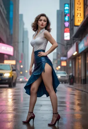 Masterpiece, Caucasian girl, pin-up, cyberpunk, in 2070s clothes, 2070s dress, 2070s skirt, nylon stockings, walking, walking down the street, cyberpunk city, in the rain, rain, strong wind, very strong wind, dress lifted up by wind, skirt lifted up by wind, stockings visible, flash of stockings, no panties, (spy cam 1:1), (((camera shooting from floor))), (((shot from below 1:1.3))), (((focus from below 1:1.3))), (best camera perspective 3:1), (upskirt 1:1.2), front upskirt, back upskirt, side upskirt, 8k, great light, bright light, daylight, realistic, ultra real