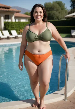 This realistic, full body view, high-quality image captures a 50 year old, mature, short, chubby woman with a smiling face and light-colored eyes, looking directly at the viewer. Her dark hair is pulled back. She is walking alongside a swimming pool in what appears to be a leisure setting.
She is wearing a two-piece swimsuit, an olive green bikini top that shows she has large breasts, and high-waisted reddish-orange bikini bottoms that reveal visible cellulite on her thighs. She is also wearing slide sandals.
The background, including a modern building with large windows and poolside lounge chairs, is artfully blurred, creating a shallow depth of field that keeps the focus sharply on the woman. The swimming pool is visible in the foreground and midground. The natural lighting suggests it is daytime, giving the scene a vibrant, outdoor feel.